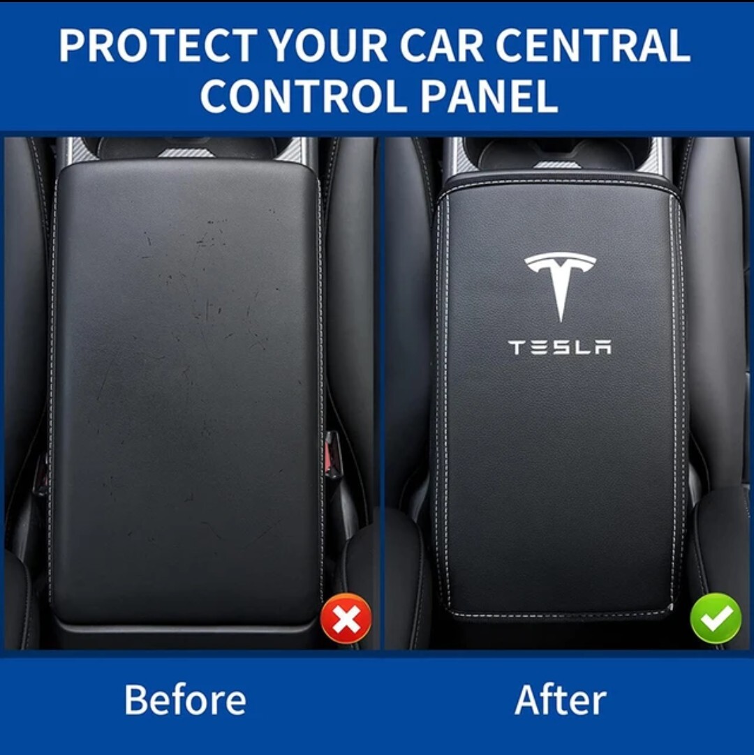 Car Armrest Cover Tesla Model 3 Y PU Leather Center Console Cover BLACK STITCH