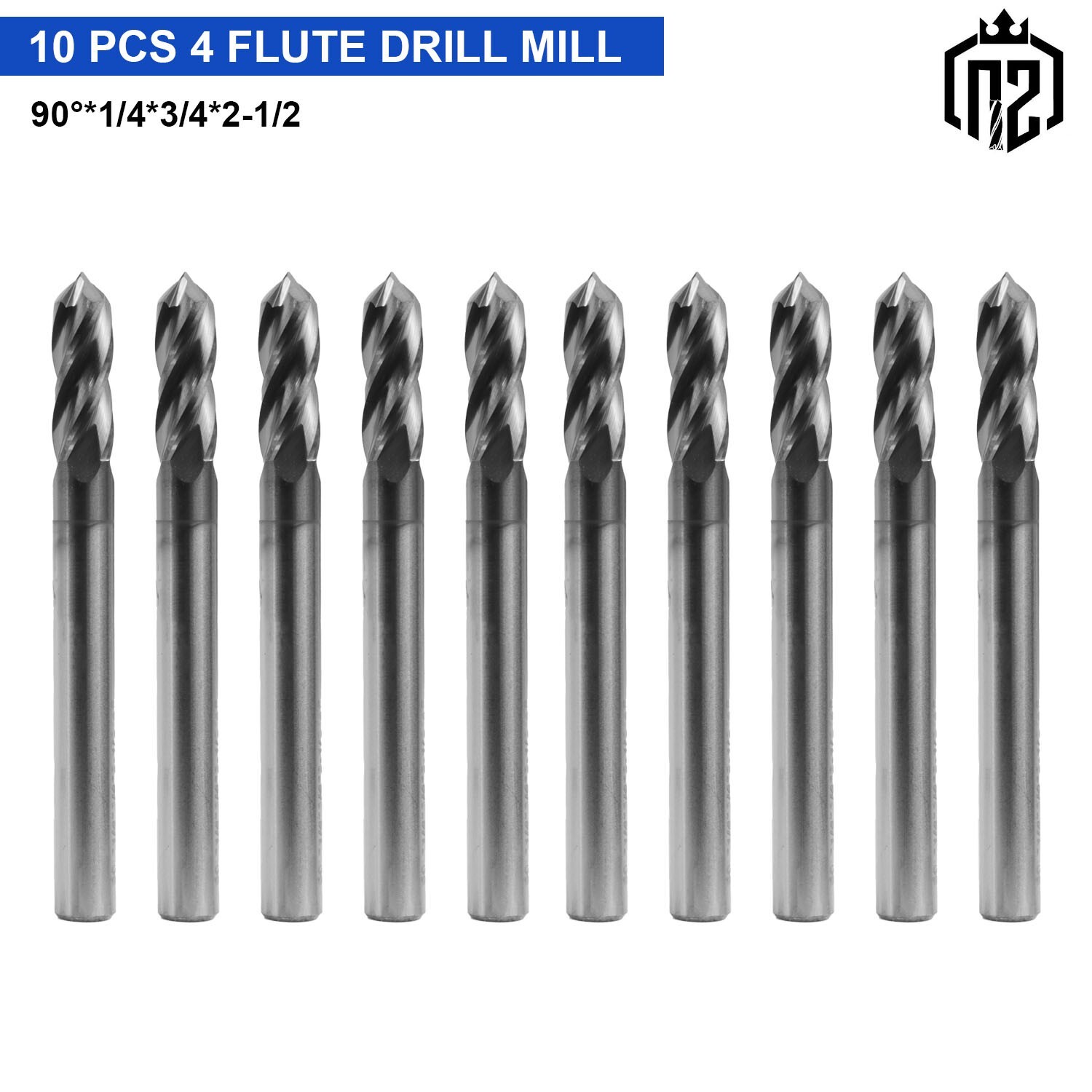 10Pcs 4 Flute 90 Degree 1/4"x3/4"x2-1/2" Solid Carbide Drill Mill - AlTiN Coated