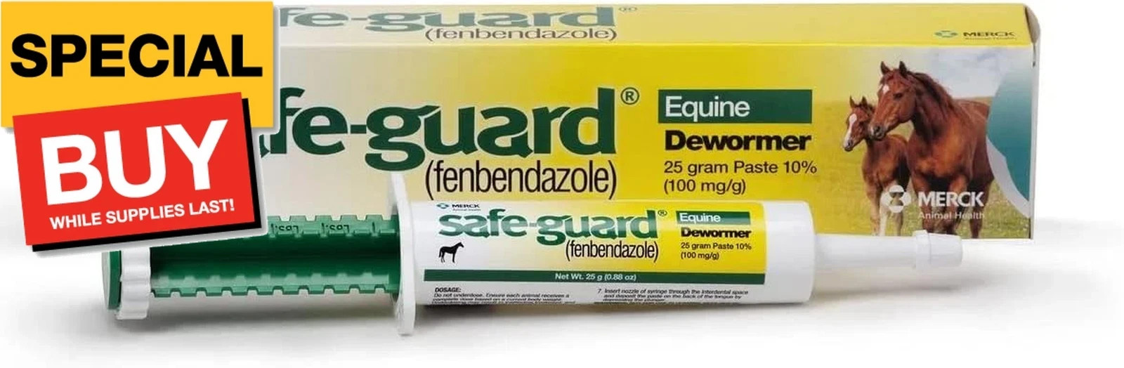 2 TUBES Safeguard Horse Dewormer - 25 Gram paste 10% (100mg/g) 2 TUBES NEW MERCK