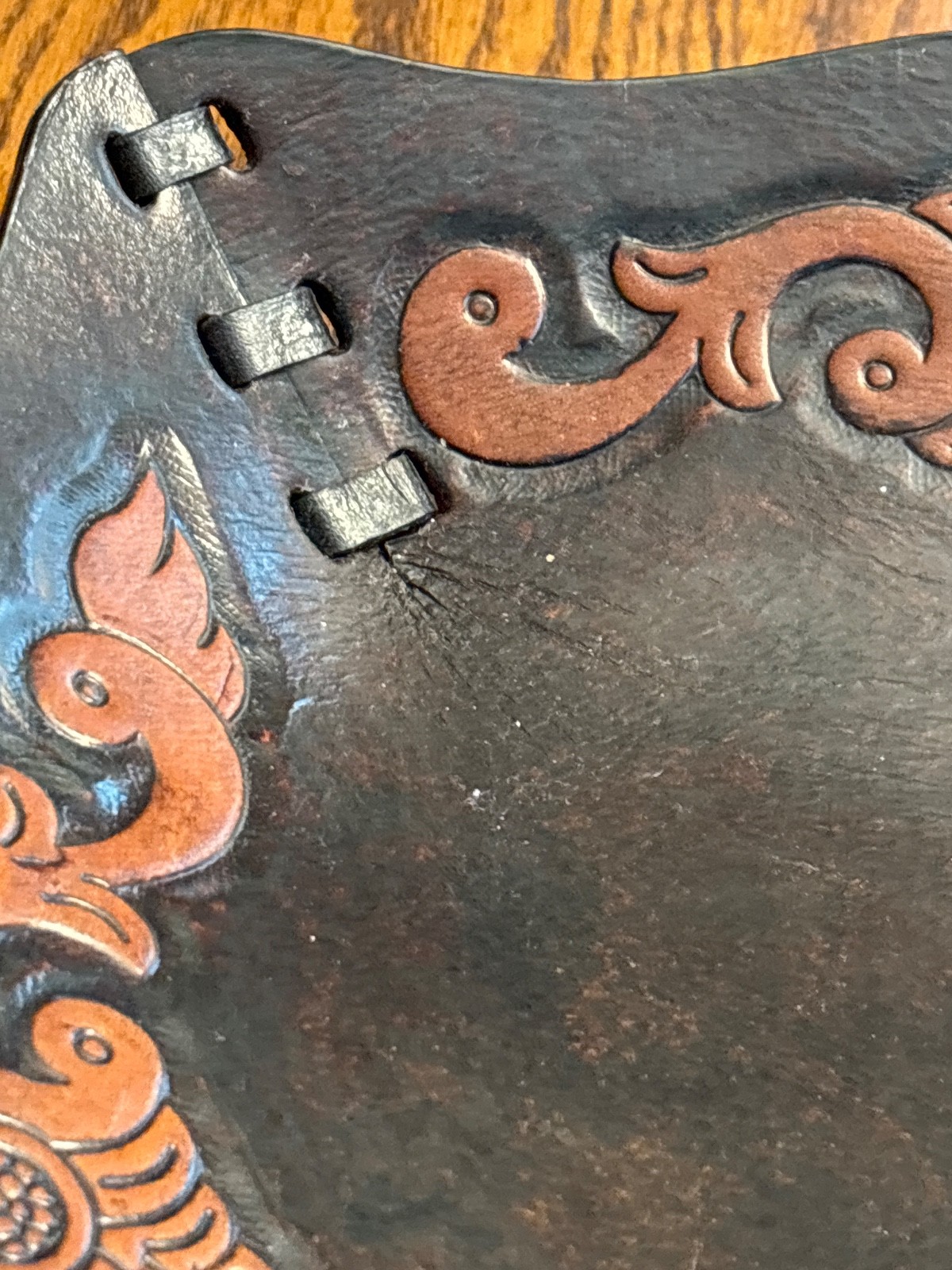 Peru Handcrafted Tooled Leather Bowl Tray Spanish 13.5"x 11.75 Free Shipping!