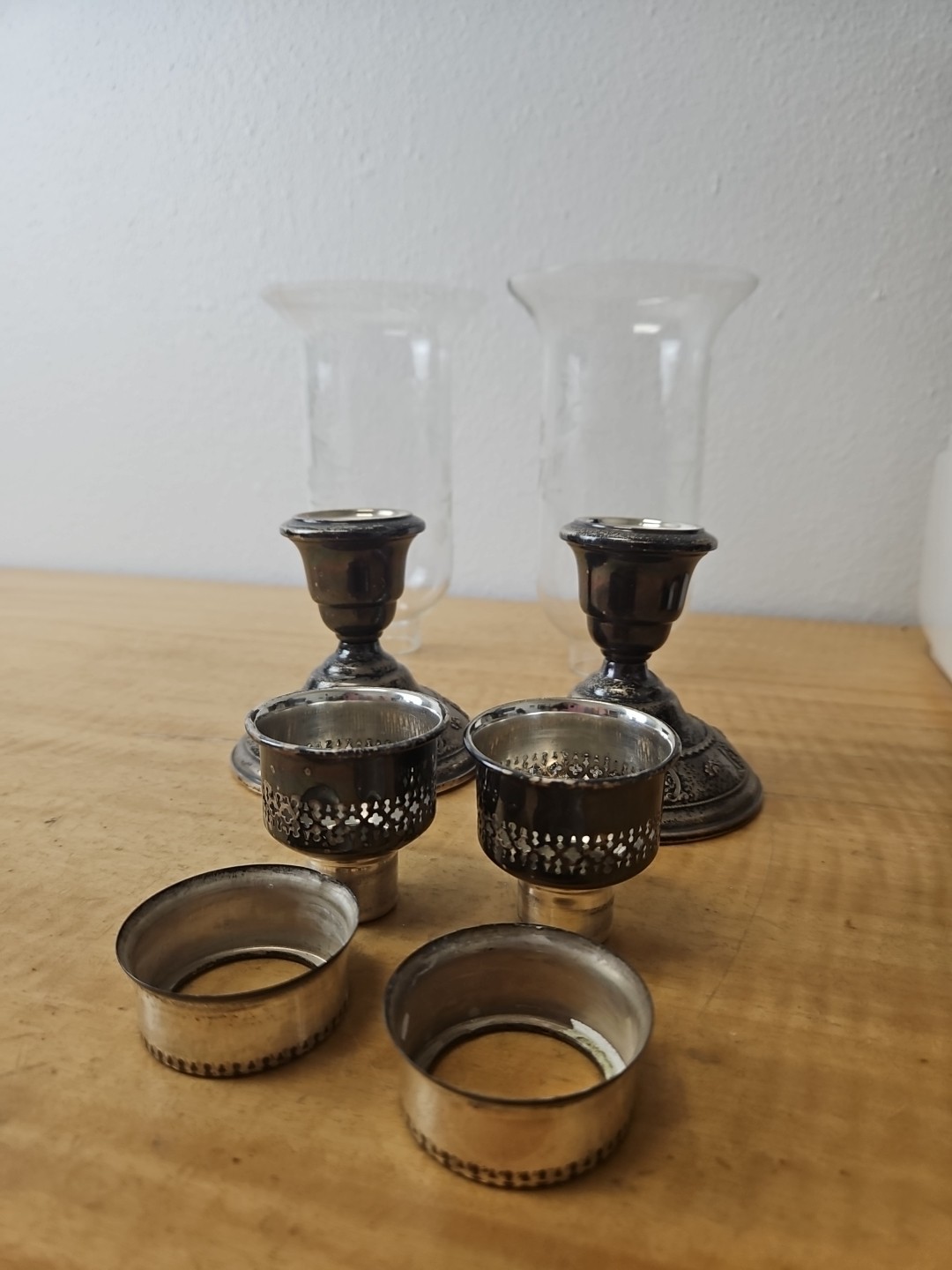 Pair Of Wallace 4640 Sterling & Glass Hurricane Candle Holders, Silver