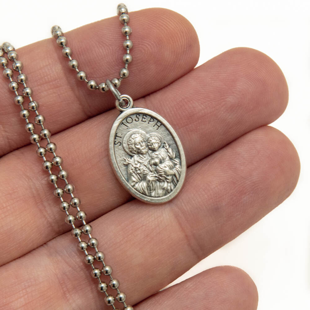 Patron Saint St Joseph Pray For Us 1" Medal Pendant Necklace 24" Chain Italy