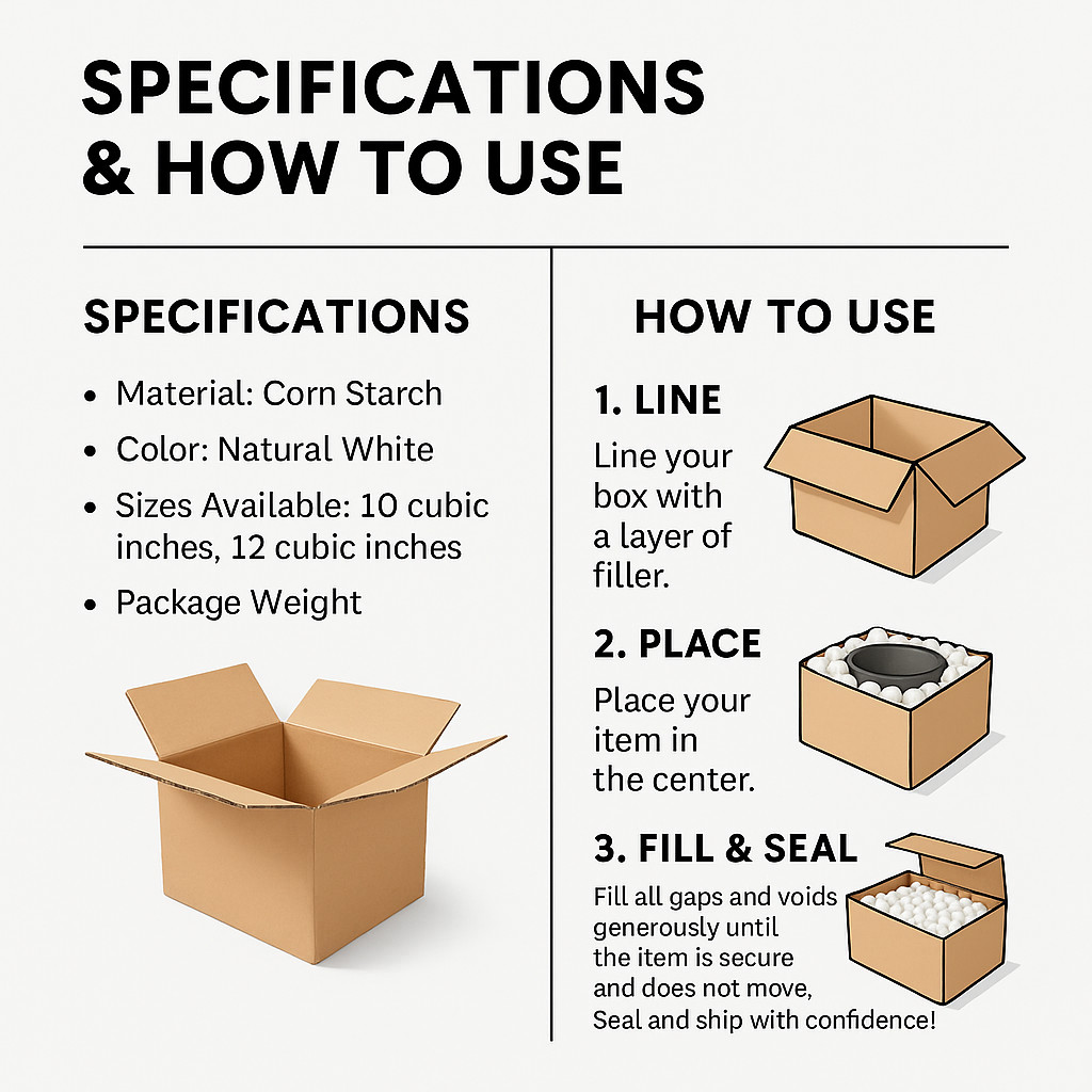 10/12/14" Biodegradable Eco-Friendly Packing Peanuts, Sustainable Shipping Fill