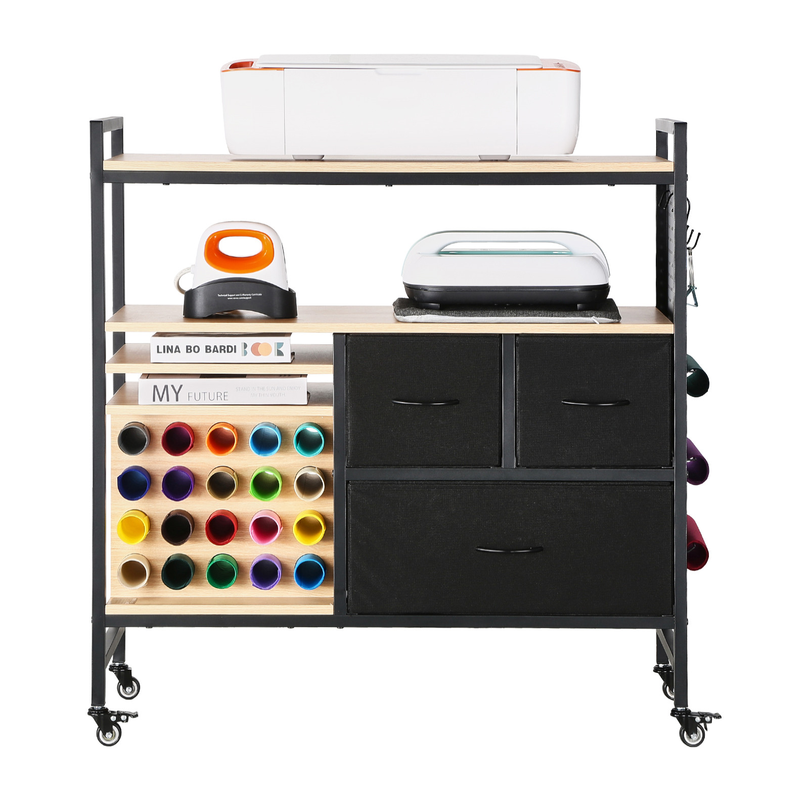 Rolling Craft Cart and Storage Table with 20 Vinyl Roll Holders 3 Drawers Black