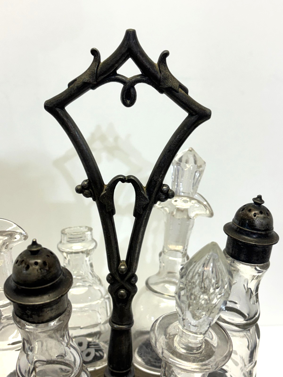 Antq. 1861 SIMPSON HALL MILLER, Treble Pl Silver 7 pc CRUET CONDIMENT Caddy Set