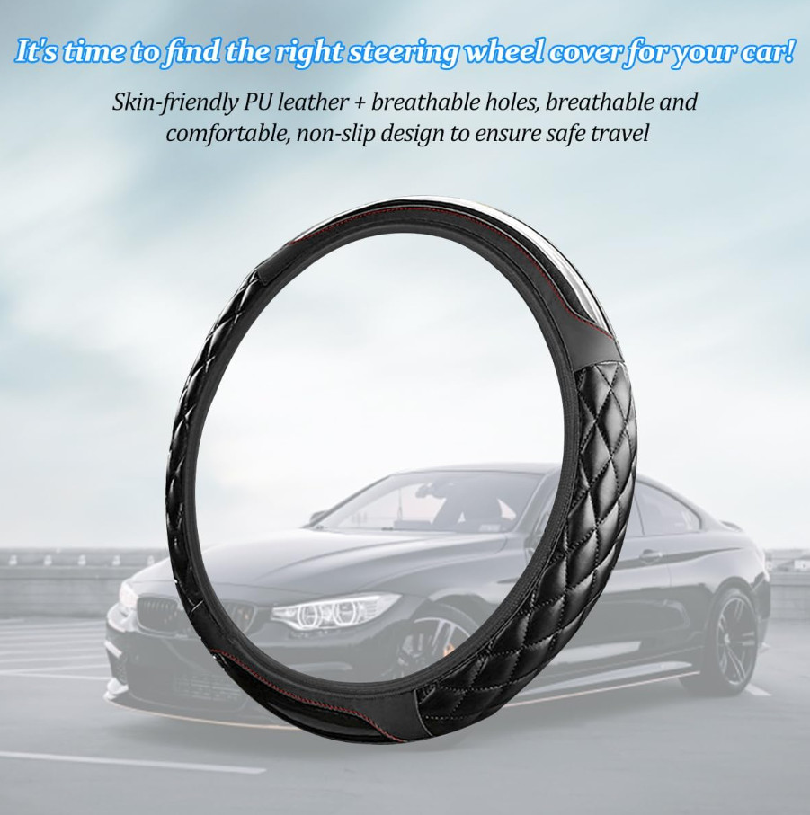 Car Steering Wheel Cover, 15 Inch Elastic Stretch Carbon Fiber Leather Anti-Slip