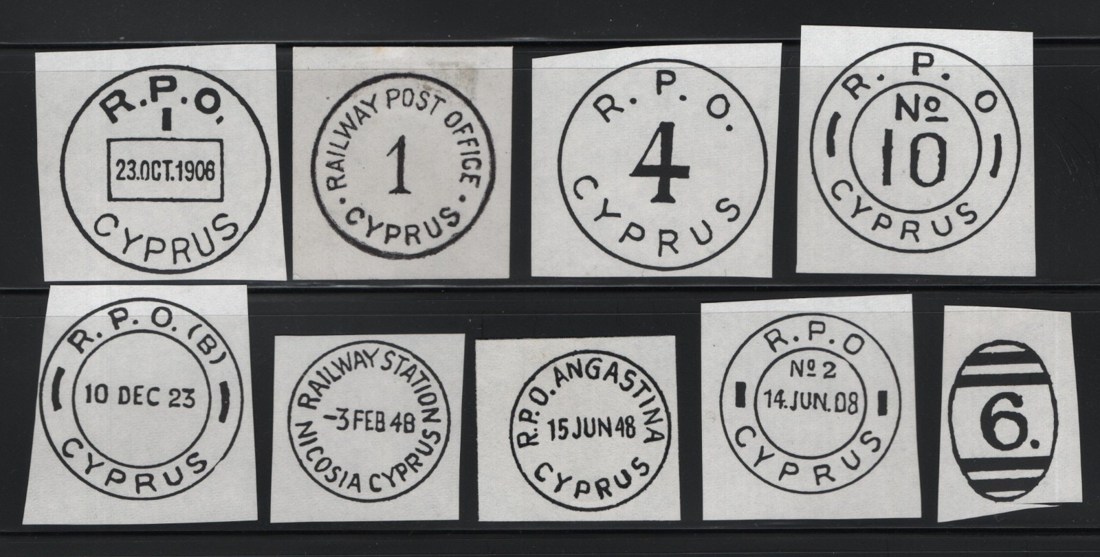 CYPRUS 9 DIFFERENT RAILWAY POSTMARKS ON PIECES