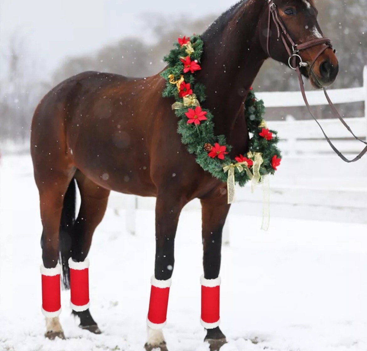 Set of 4 Red And White Fleece Horse Leg Wraps Boots Santa Christmas Parades