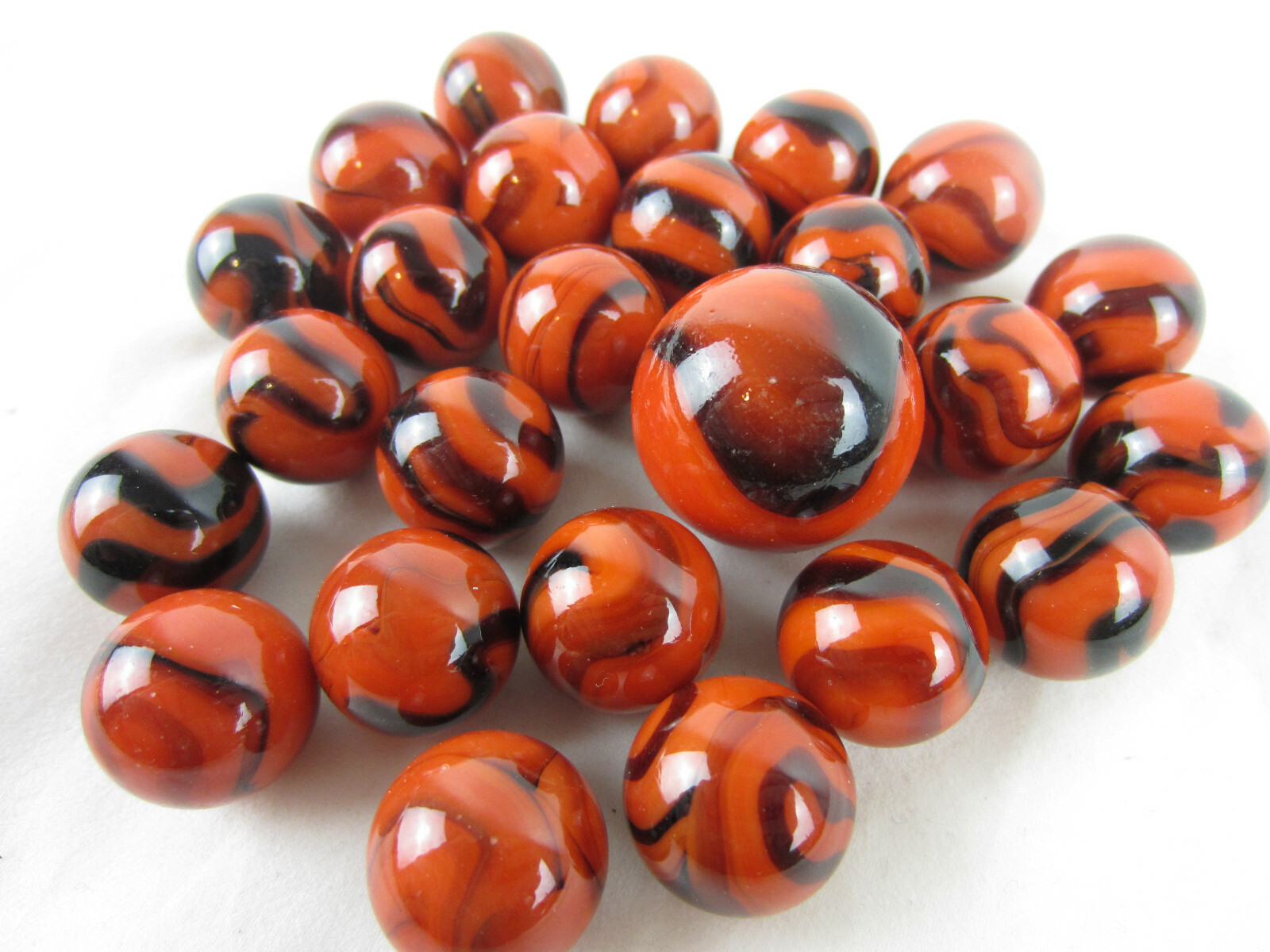 25 Glass Marbles BENGAL TIGER Orange/Brown Stripe Shooter vtg style game Swirl