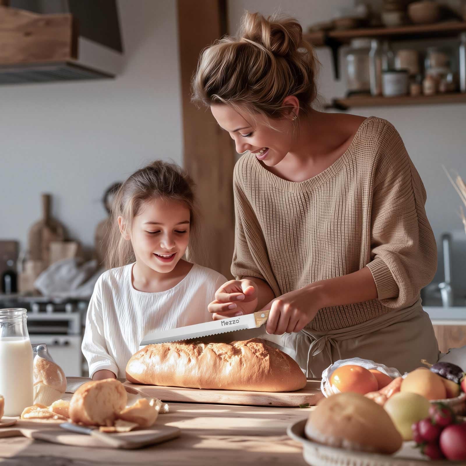 Mezzo Serrated Bread Knife for Homemade Bread High Carbon Steel Sourdough Kni...