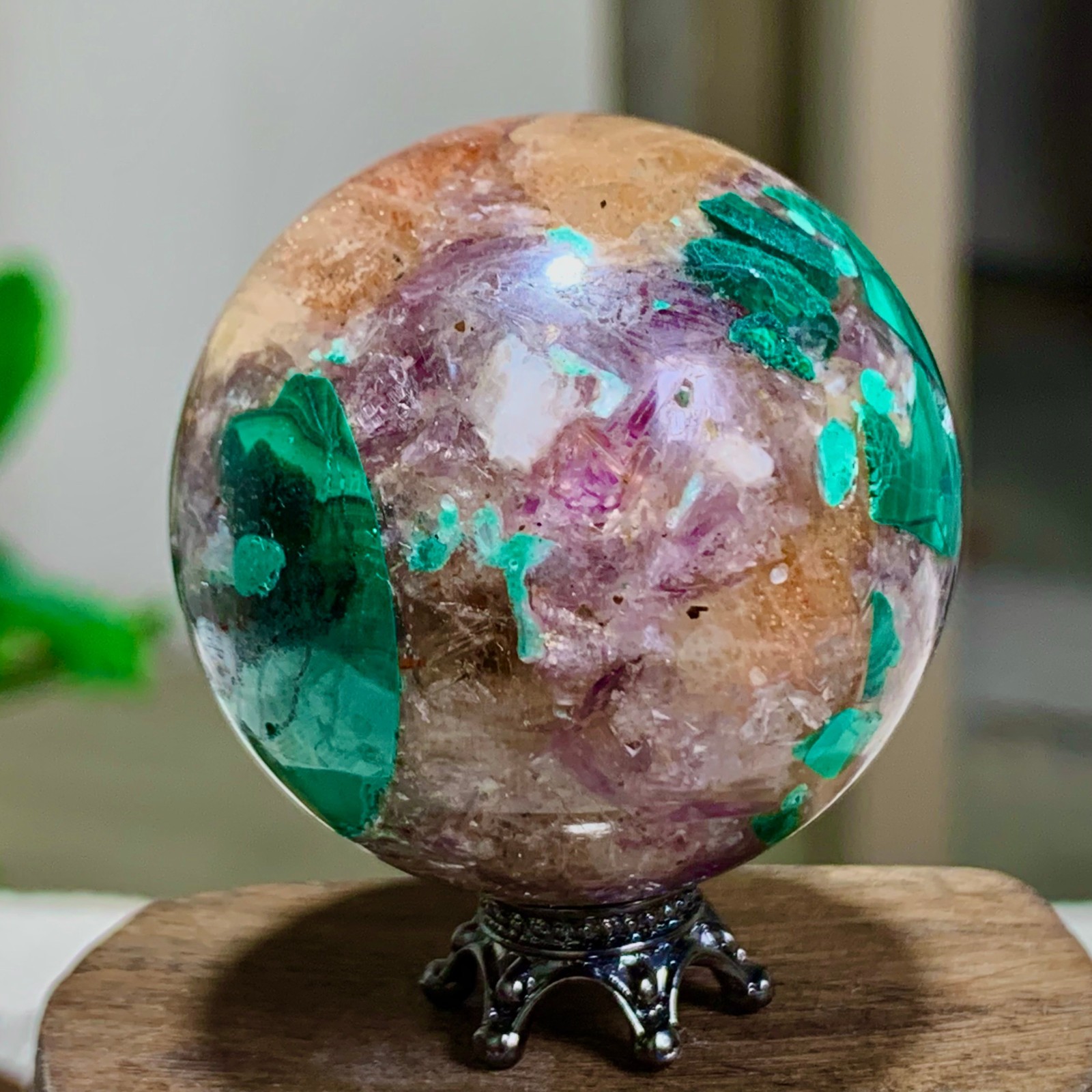 85G Newly discovered rare malachite purple mica symbiotic sphere restoration