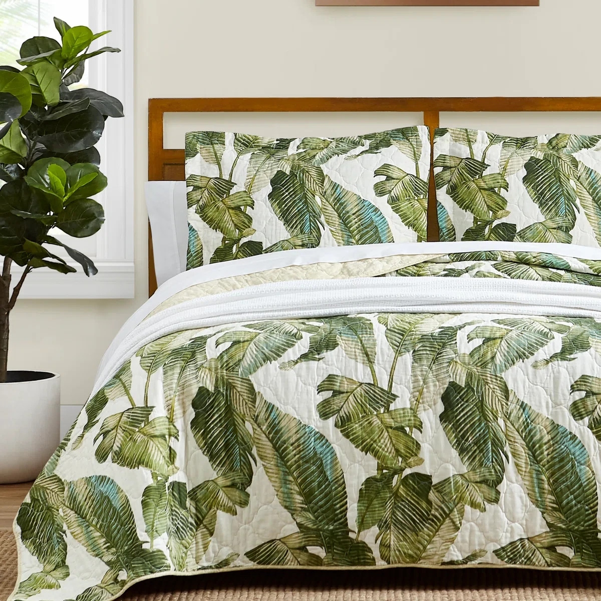 King Quilt Set Green Coastal Botanical Tropical Floral Bahama Exotic Leaves 3Pc
