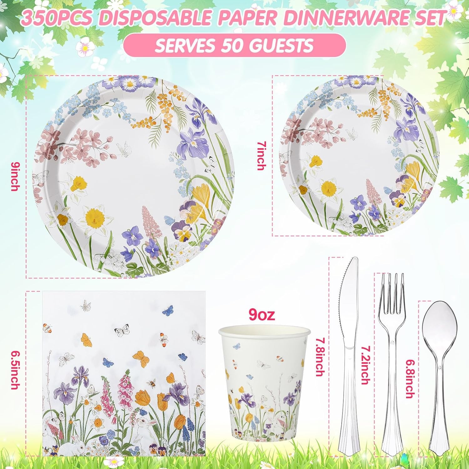 350 Pcs Floral Tableware for Birthday & Baby Shower Party 50 Guests