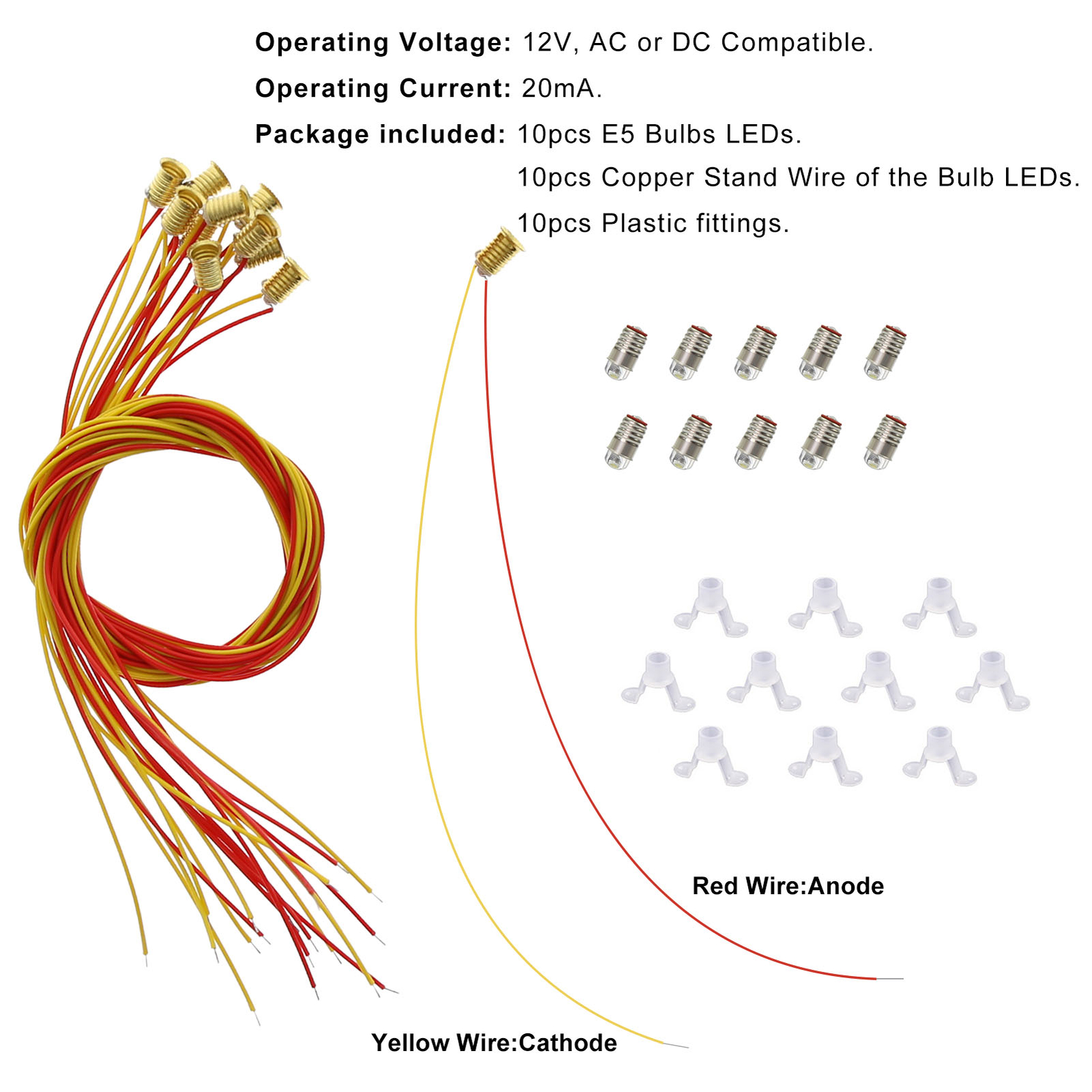 10 Units Bright White LED Screw E5 E5.5 12V Bulbs with Stand holder HO N Scale