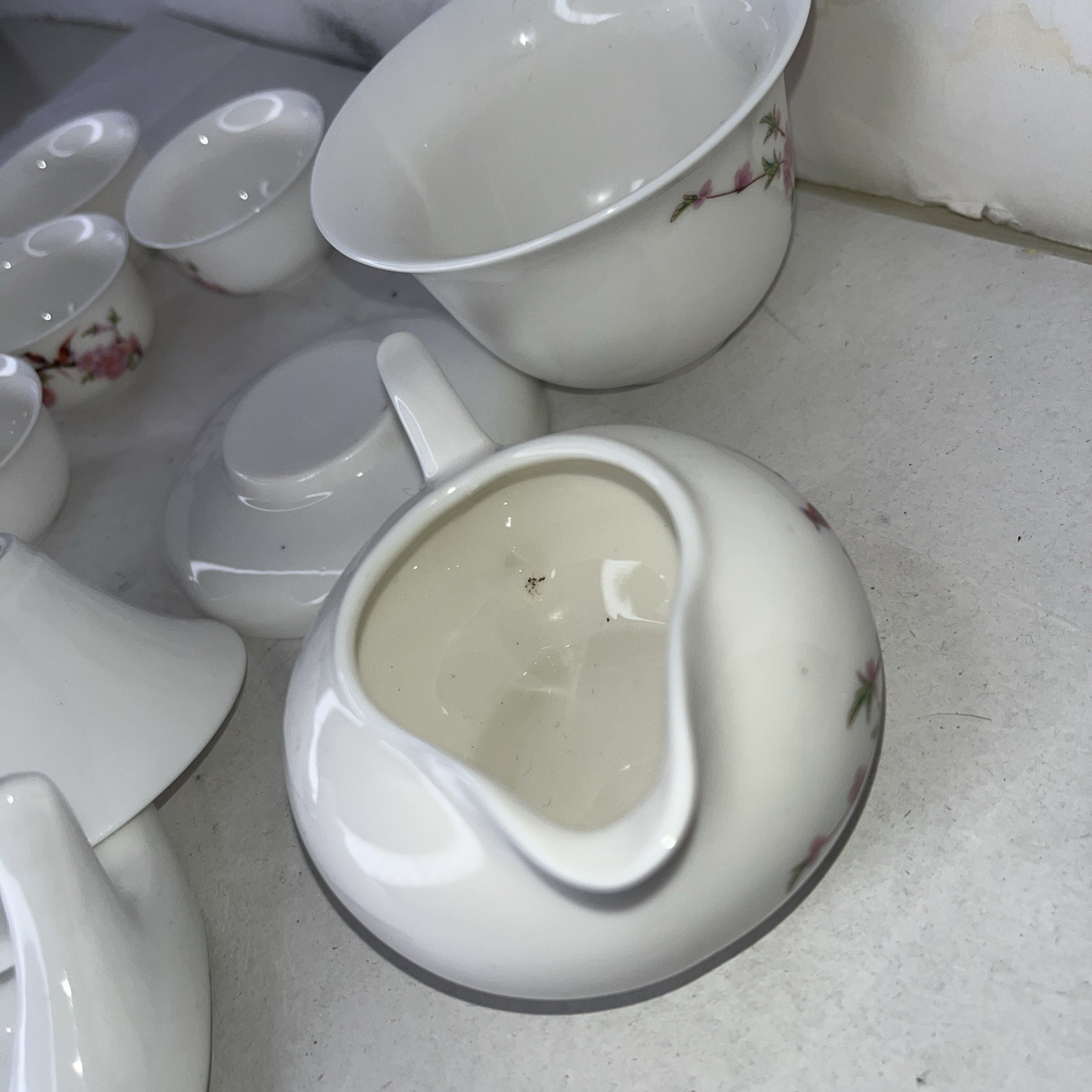 Vintage Asian Traditional Mini Bone China Tea Set White Pink Cherry Stem Bird