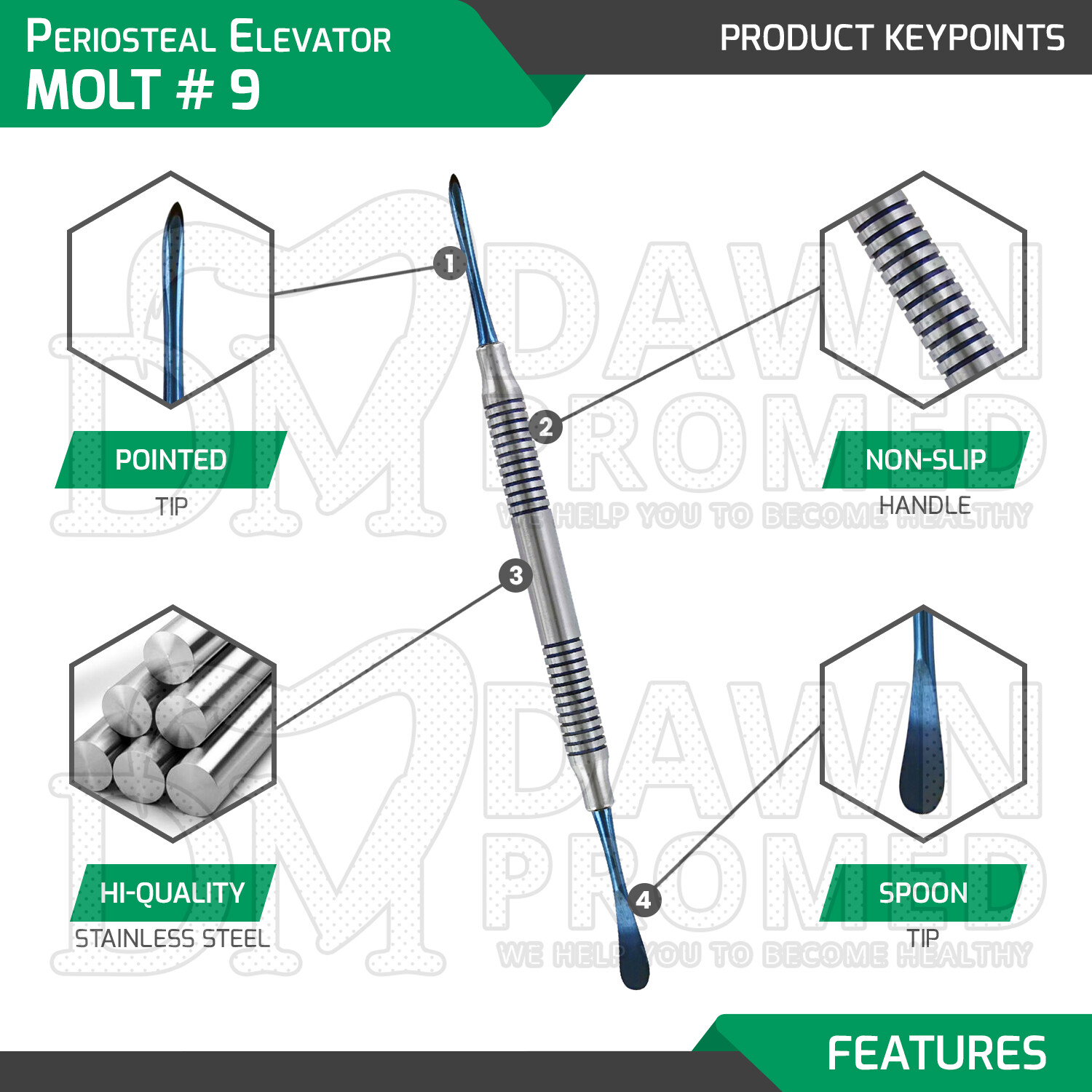 Dental Periosteal Elevator Molt # 9 Blue Titanium Coated Double Ended German Gr