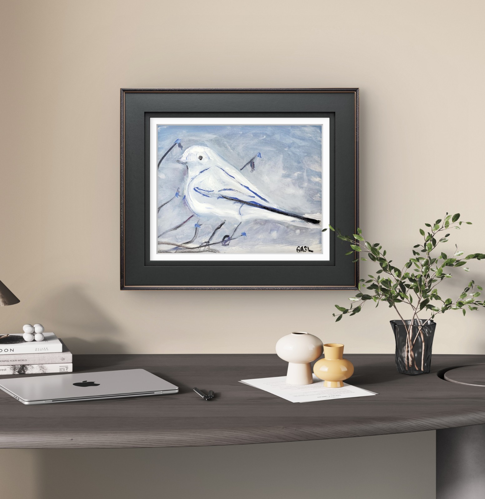 Abstract Expressionist Original Painting Canvas Snow Bird, 11x14 Basil Arts