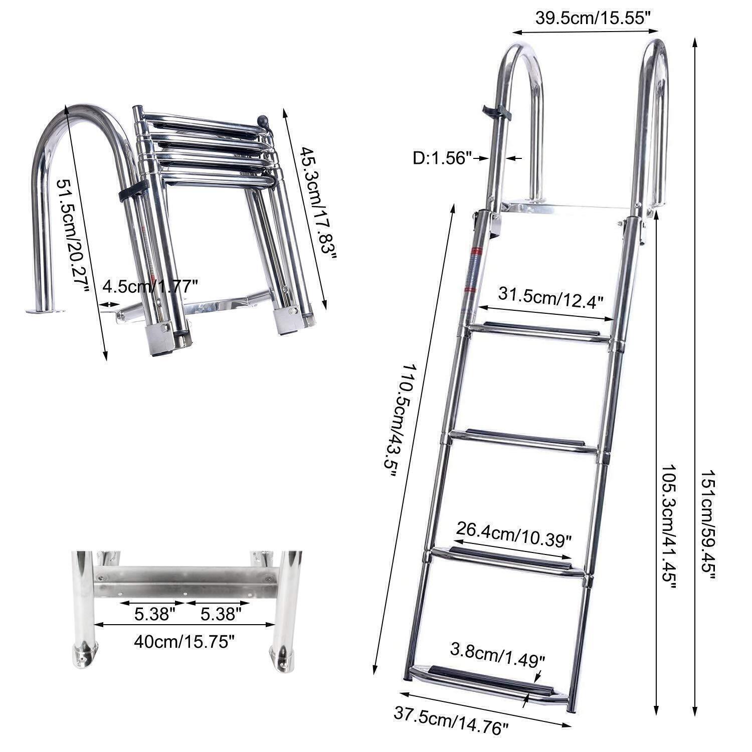 4 Step Stainless Steel Folding Ladder Boat Pontoon Heavy Duty Telescoping Dock