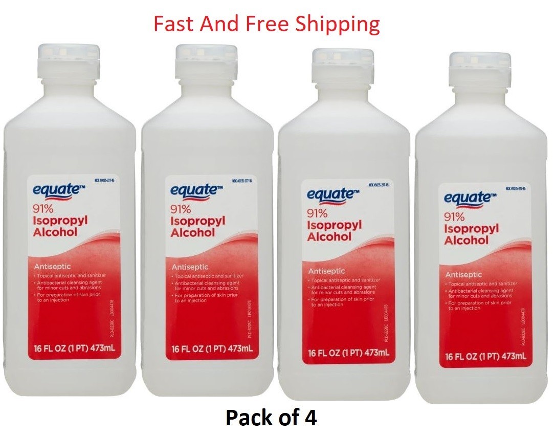 (4 Pack ) Antiseptic 91% Isopropyl Rubbing Alcohol Antibacterial 16 Oz