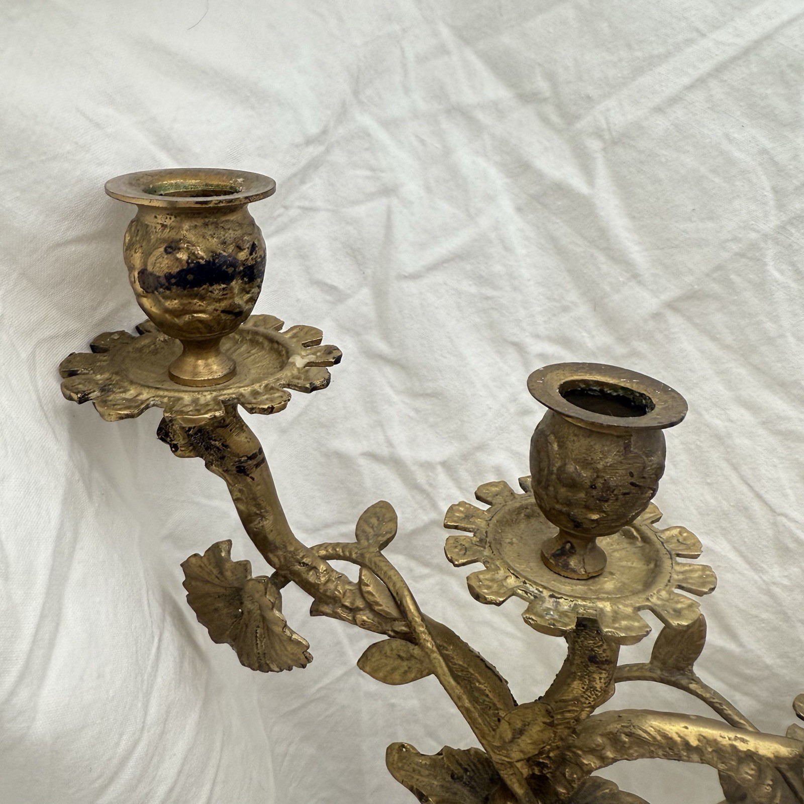 Vtg Triple Candelabra Ornate Floral Heavy Brass Candlesticks Candle Holders Pair