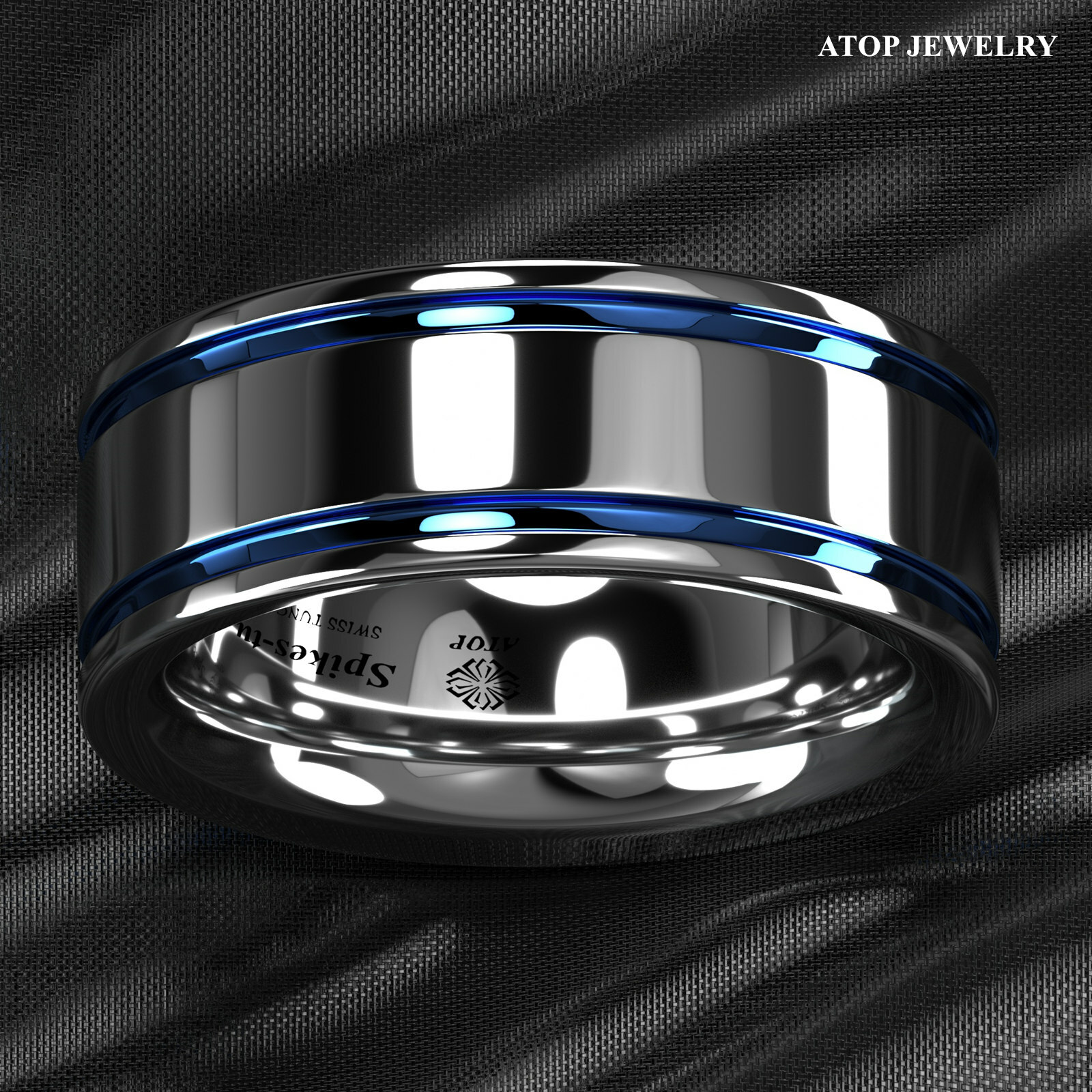 8mm Tungsten Carbide Ring Blue Grooved Line For Men Wedding Band ATOP Jewelry