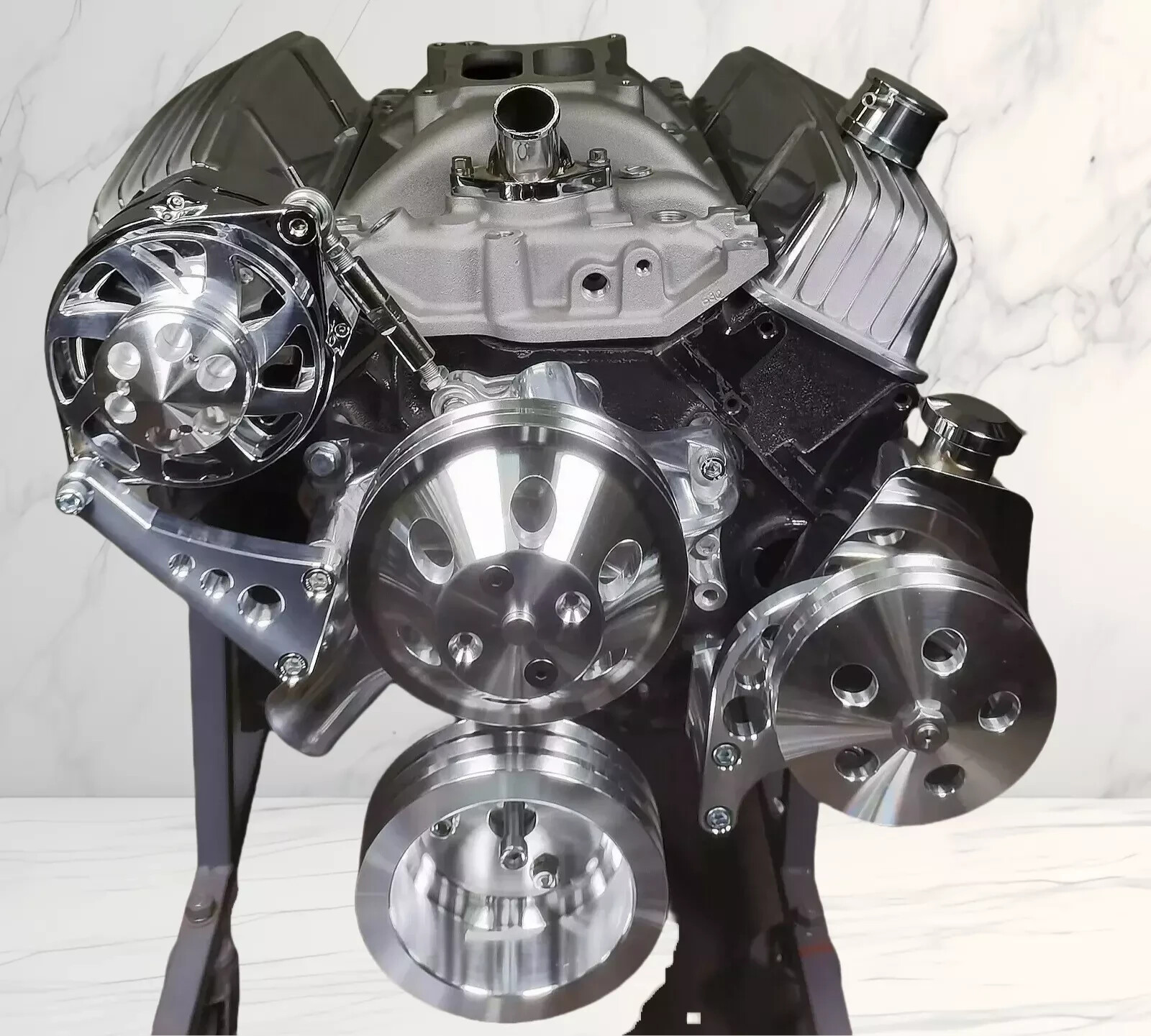 SBC Chevy Alum V BELT Pulley w/Bracket Kit & Long Water Pump Alternator PS Pump