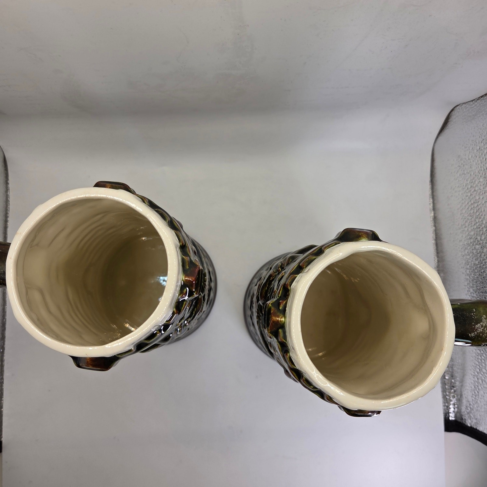 Vintage German Style Beer Steins Pair Signed “Sam :)” 8.5” Brown Glaze