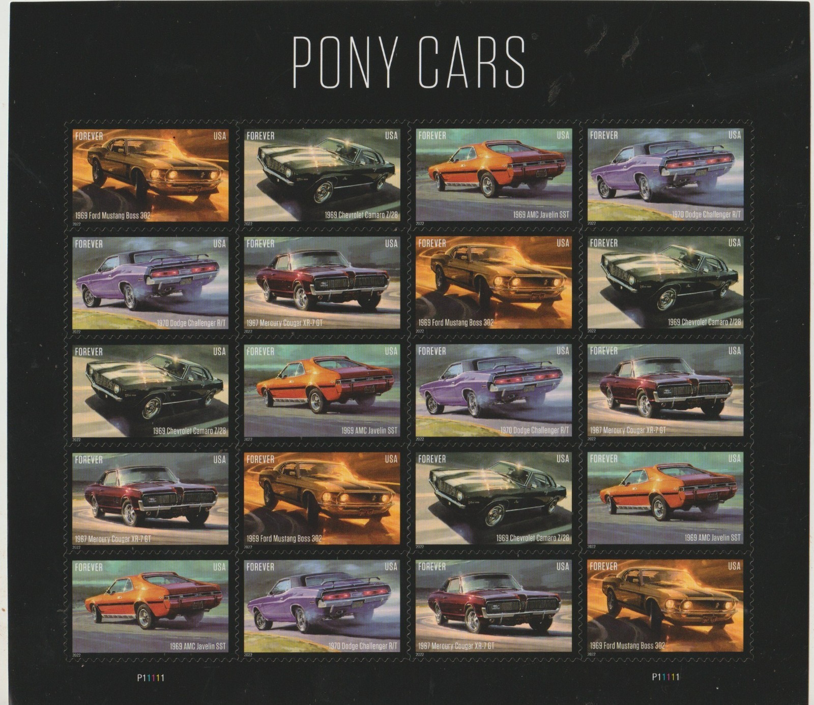 USPS Pony Cars, Sheet of 20 First Class Stamps Sent from OKC, OK