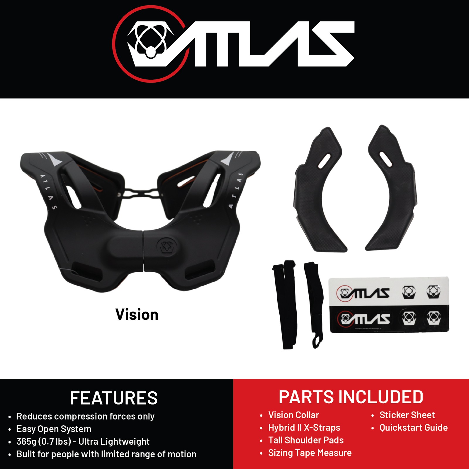 Atlas Vision Anti-Compression Adult Powersports Racing Neck Brace LG/XL(Black)