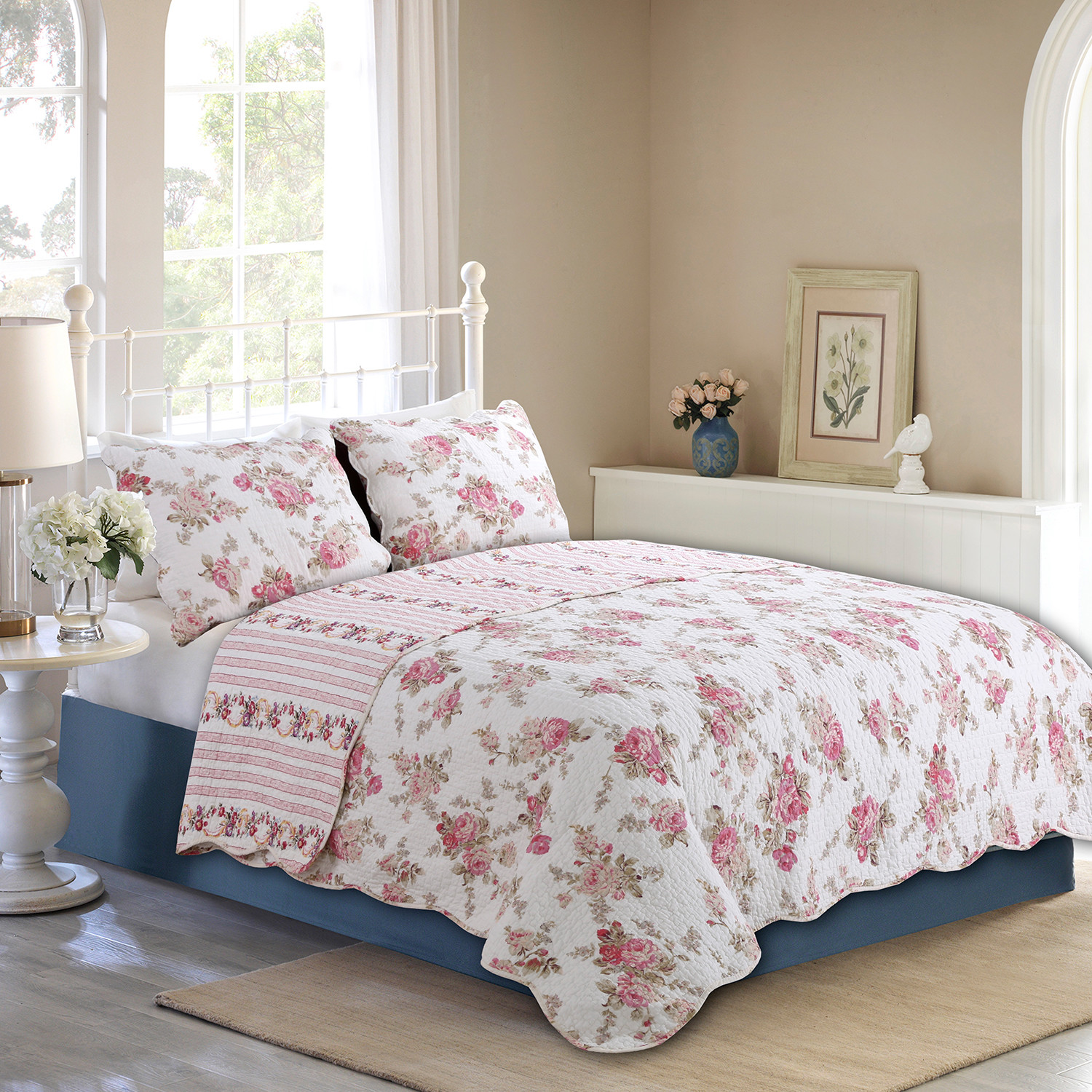 Spring Rose Floral Reversible 100%Cotton 3-Piece Quilt Set, Bedspread, Coverlet