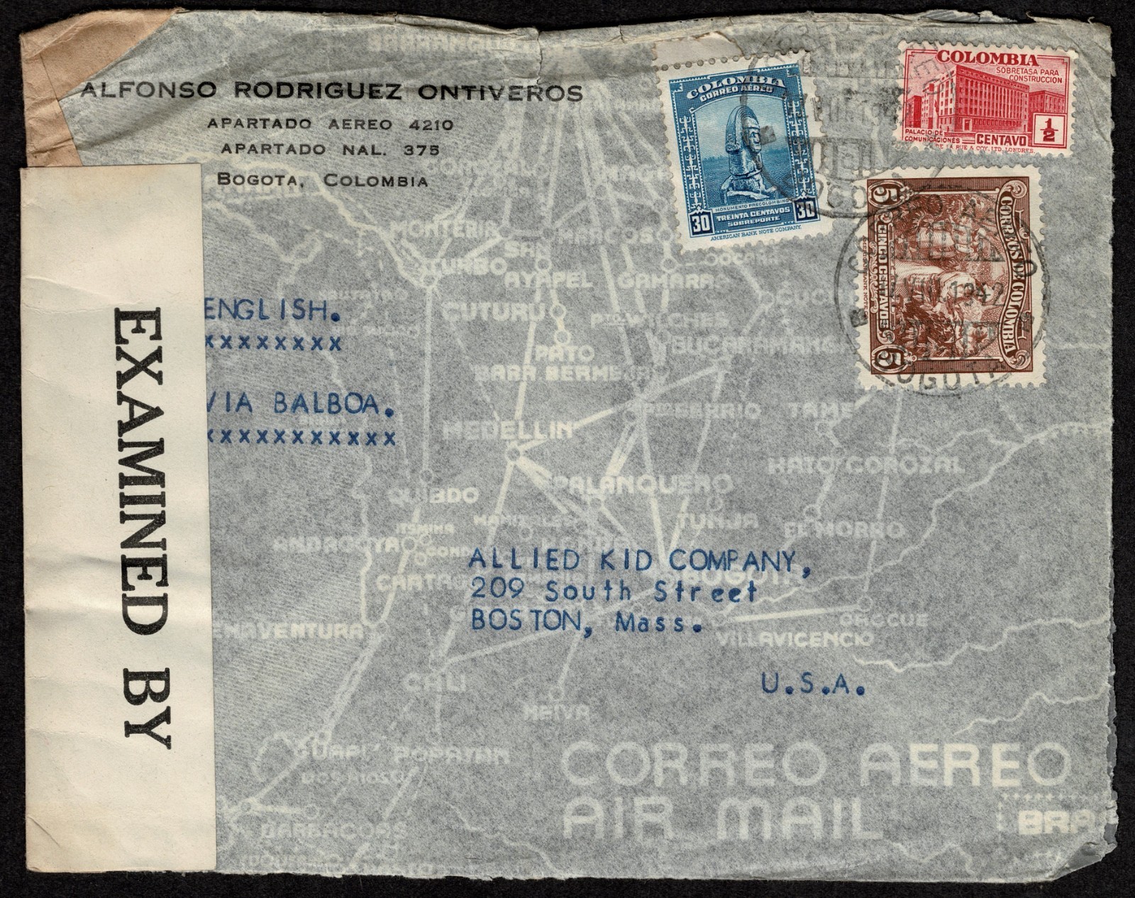 Columbia to USA: 1942 & 194(?) two censored covers Bogota to Boston