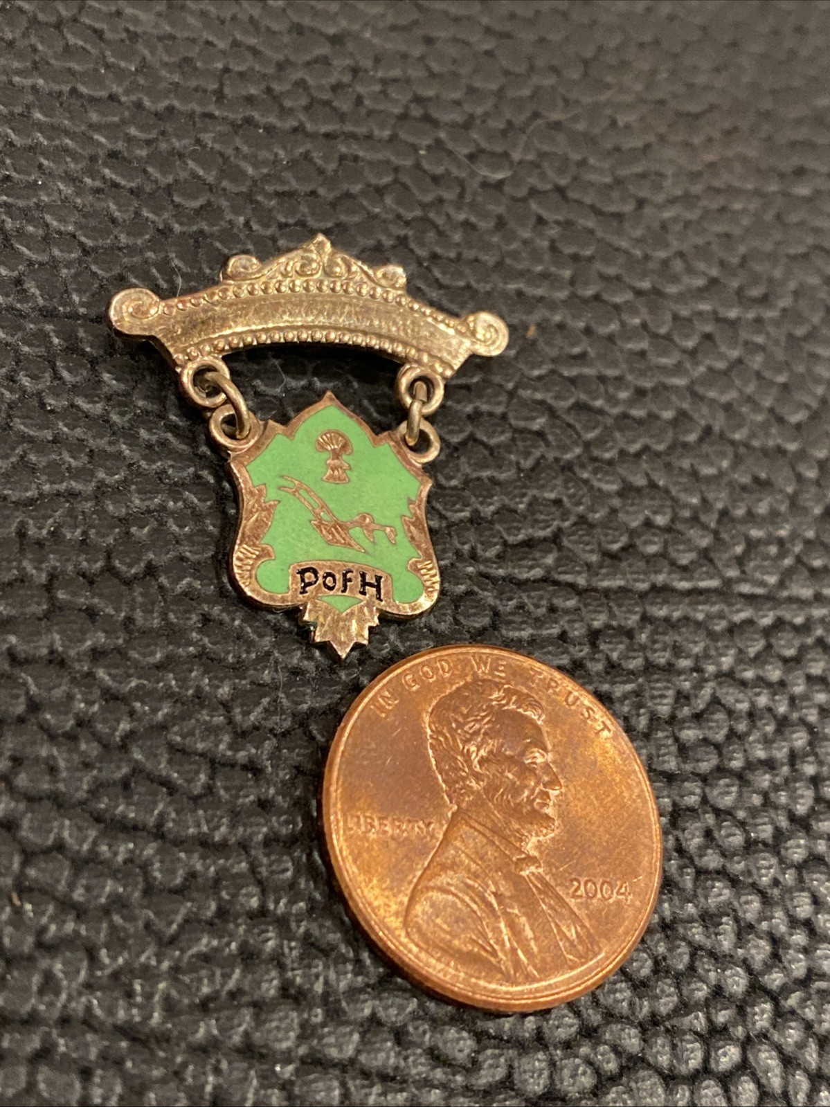 Vtg Antique P of H Patron Of Husbandry Green Enamel Dangle Shield Crest Logo Pin