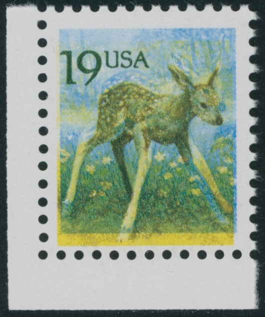 1991, USA FAWN 19C, CORNER MARGIN SINGLE WITH RED OMITTED, NH, SC. #2479b