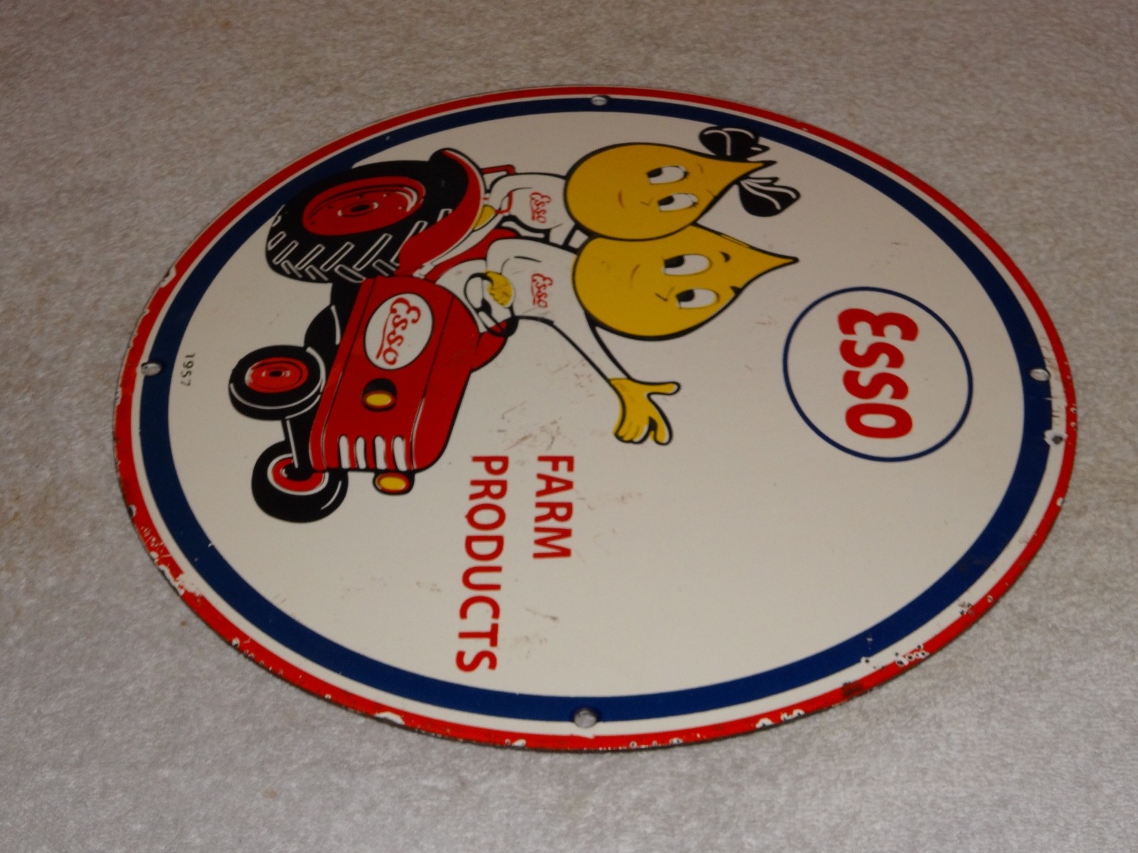 VINTAGE 1957 ESSO FARM OIL DROP BOY GIRL 11 3/4" PORCELAIN TRACTOR GASOLINE SIGN