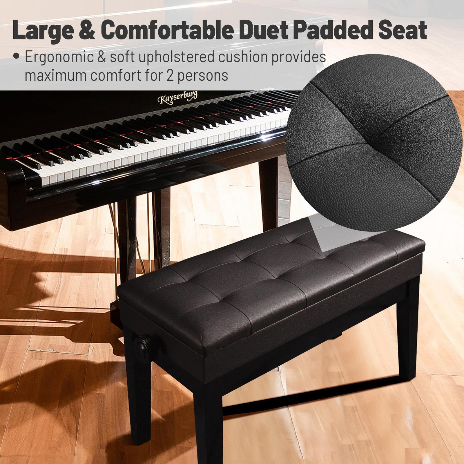 Adjustable Duet Piano Bench w/ Storage PU Leather Padded Wooden Keyboard Stool