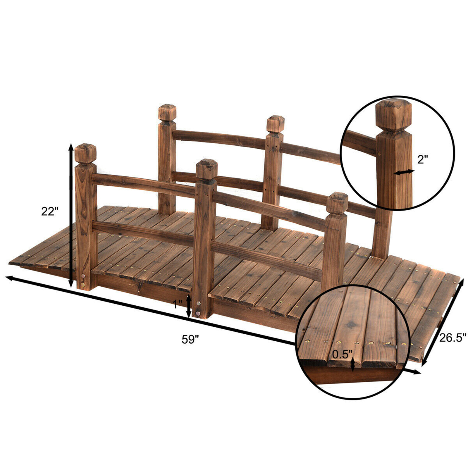 5Ft Garden Wooden Bridge Decoration Backyard Pond w/ Safety Rails Brown