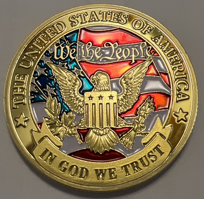 * Beautiful Pledge Of Allegiance With Golden Eagle And US Flag Challenge Coin