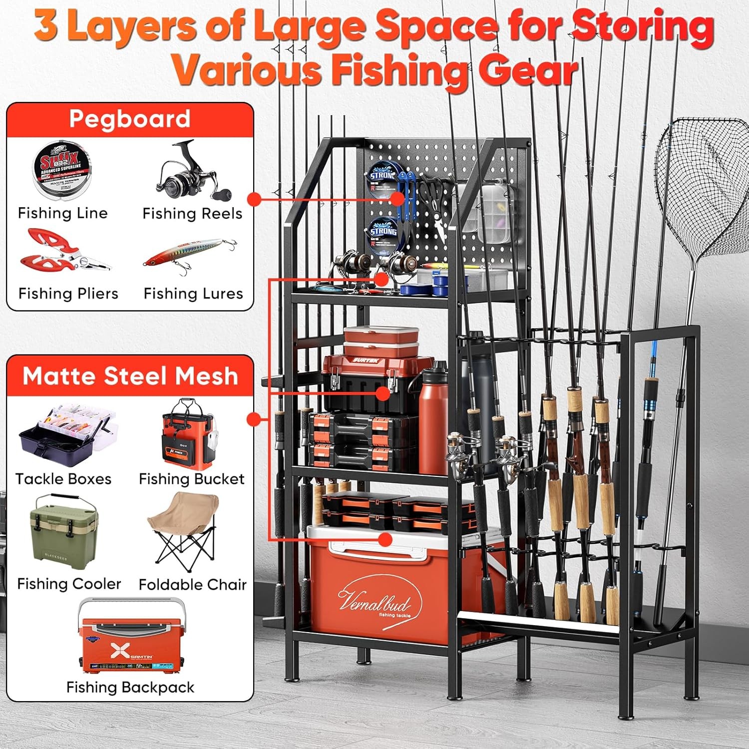 Garage-Specific Fishing Rod Rack Holds up to 18 rods Three adjustable tiers
