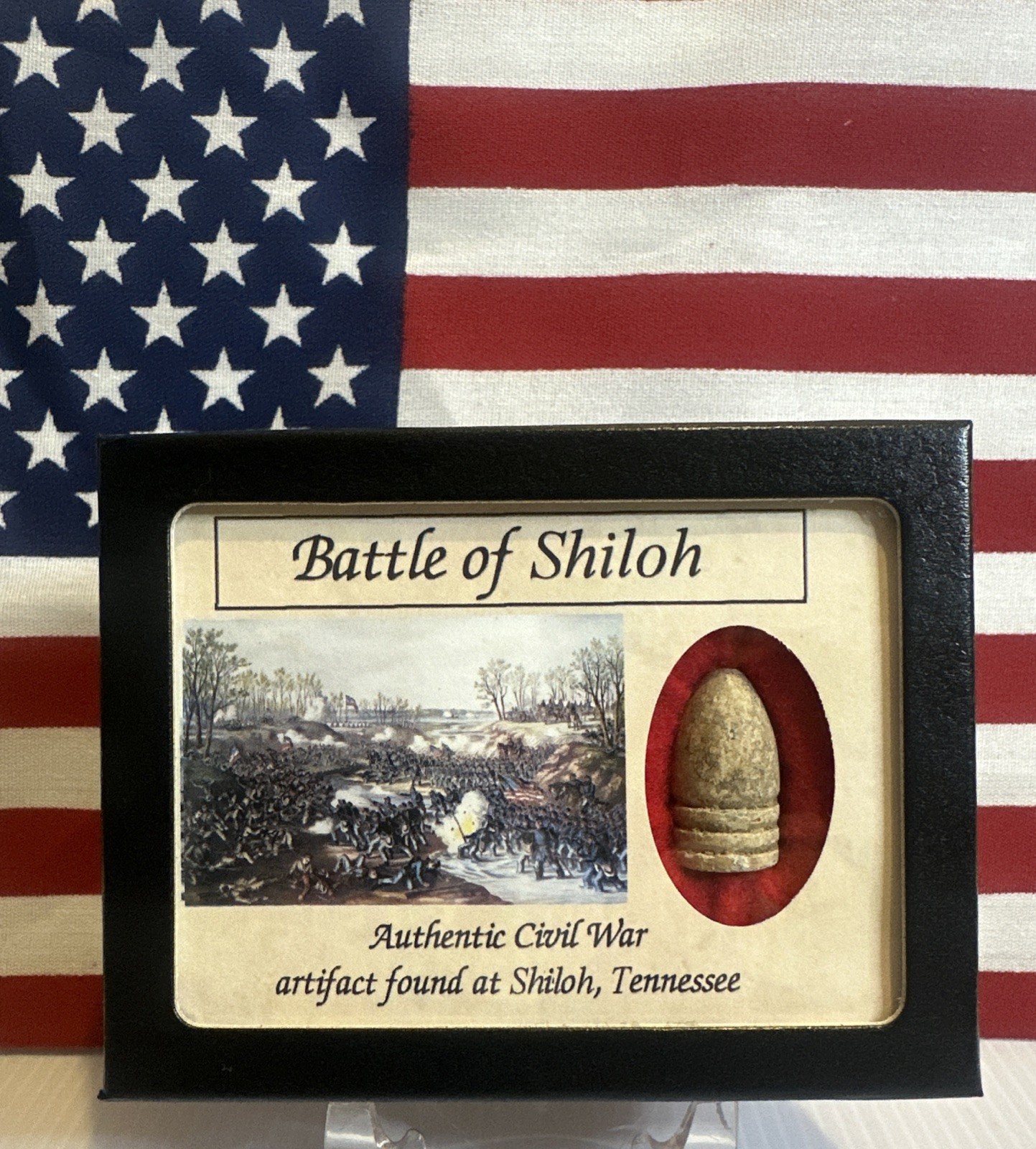 Civil War Bullet from The Battle of Shiloh, Tennessee with Display Case and COA