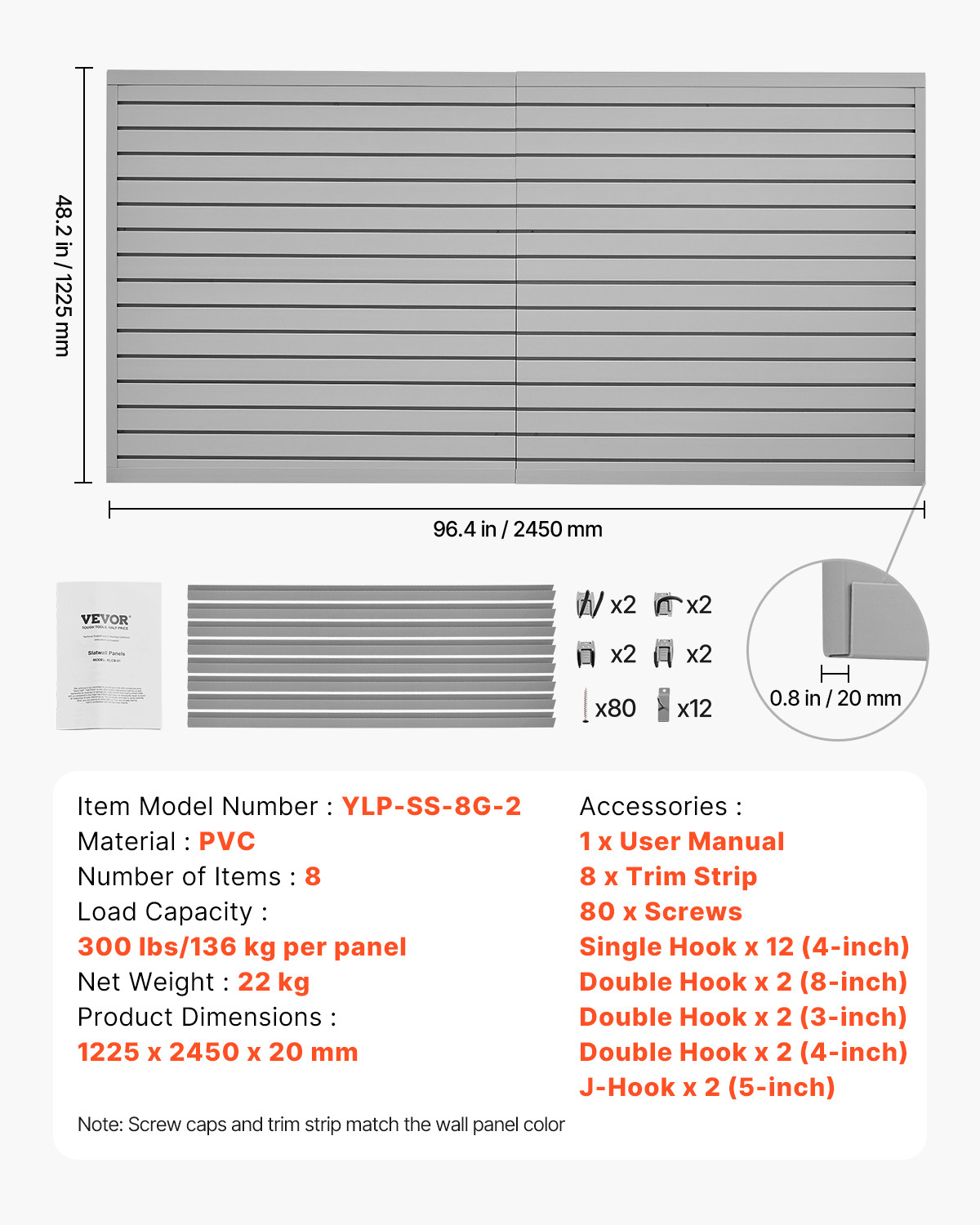VEVOR 8 x 4 ft Slat Wall Paneling PVC Grey Garage Slatwall with Accessories