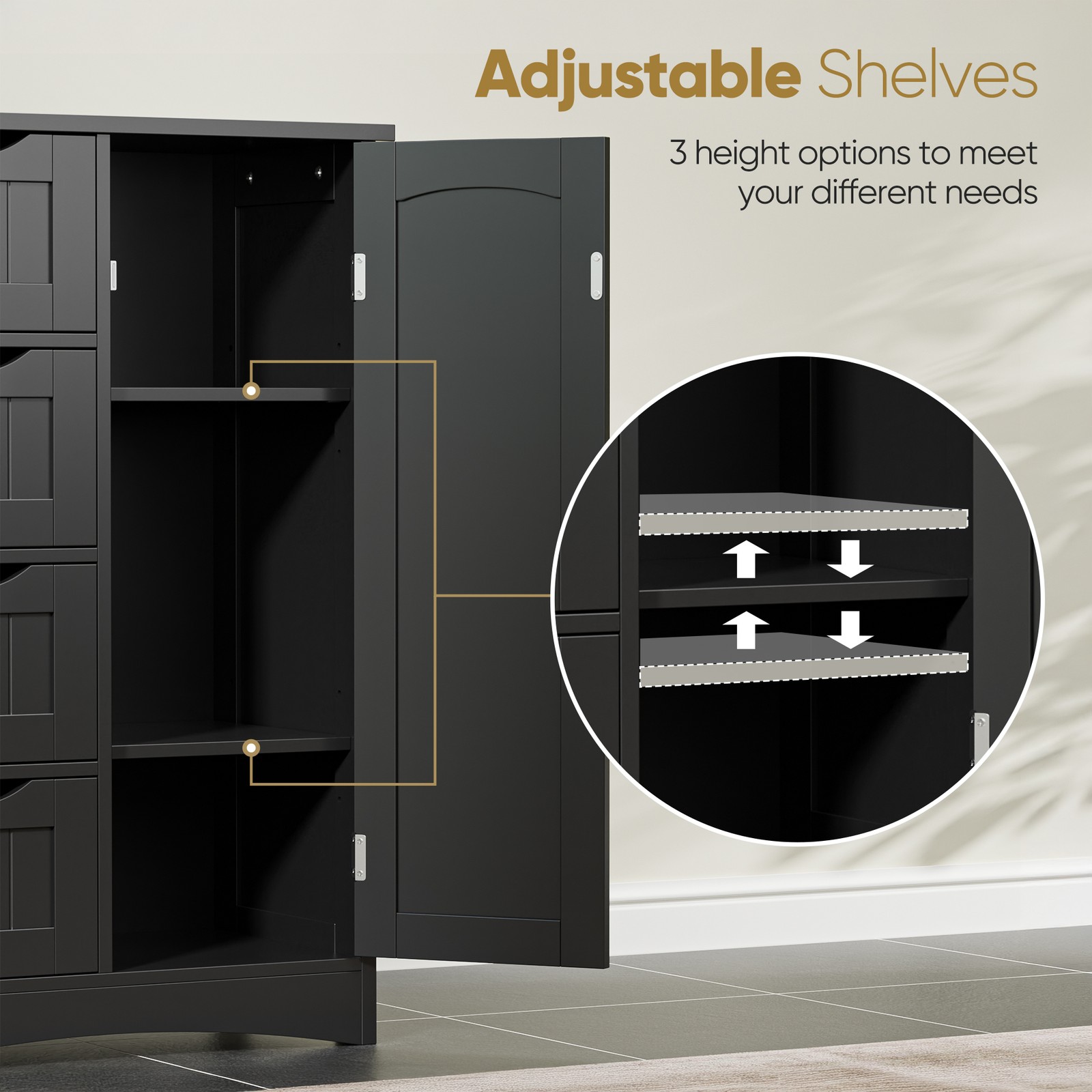 Bathroom Floor Storage Cabinet w/4 Drawers Adjustable Shelves Freestanding Black