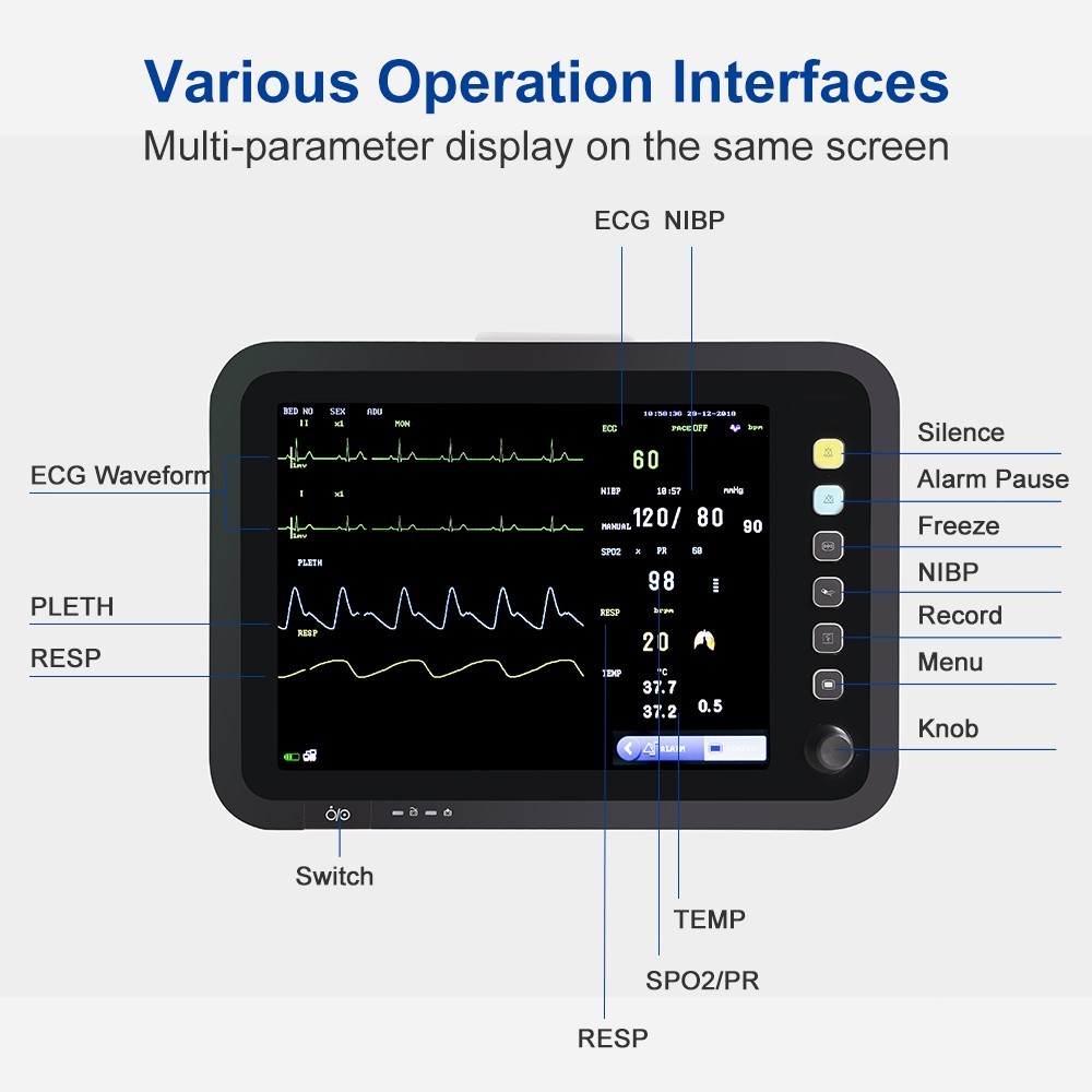 12-Inch Patient Vital Signs Monitor Multi-Parameter ECG/NIBP/TEMP/RESP/SPO2/PR