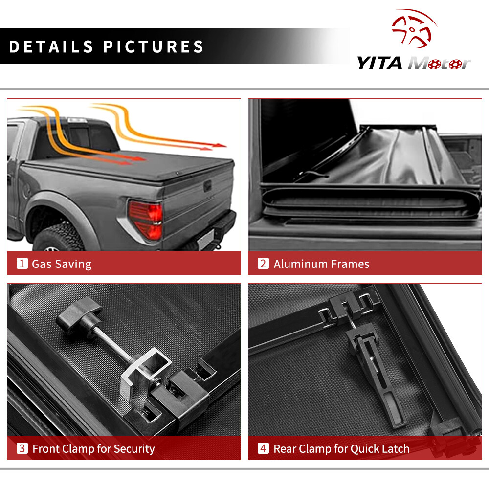 5 ft Bed Tonneau Cover Soft Tri-Fold for 05-24 Nissan Frontier Truck Top w/ Lamp