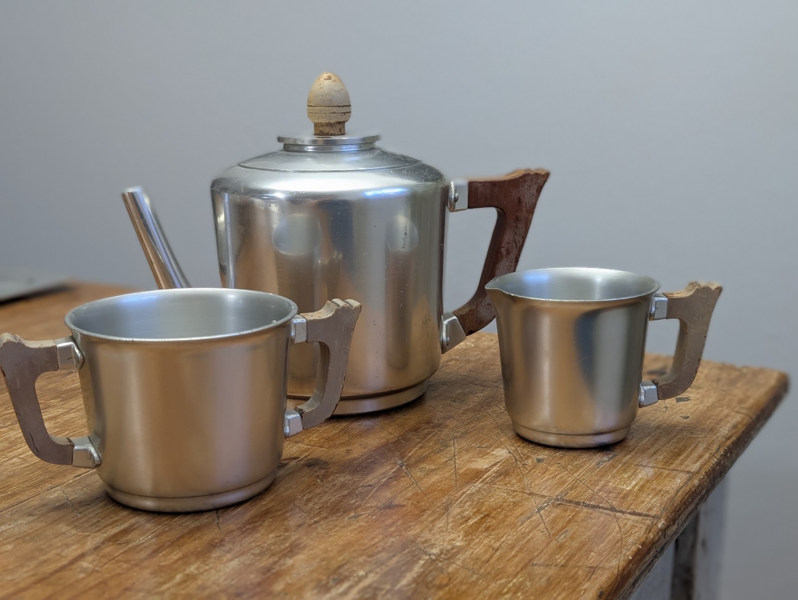 Vintage Aluminum Art Deco Wood Handles MCM Kensington Tea Coffee Set