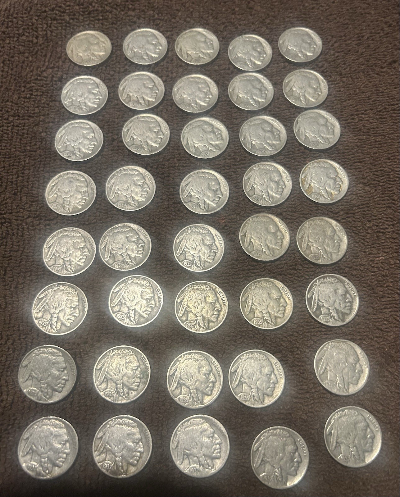 LOT OF 40 BUFFALO NICKELS FULL ROLL 1913 TO 1938 READABLE DATES INDIAN HEAD kob