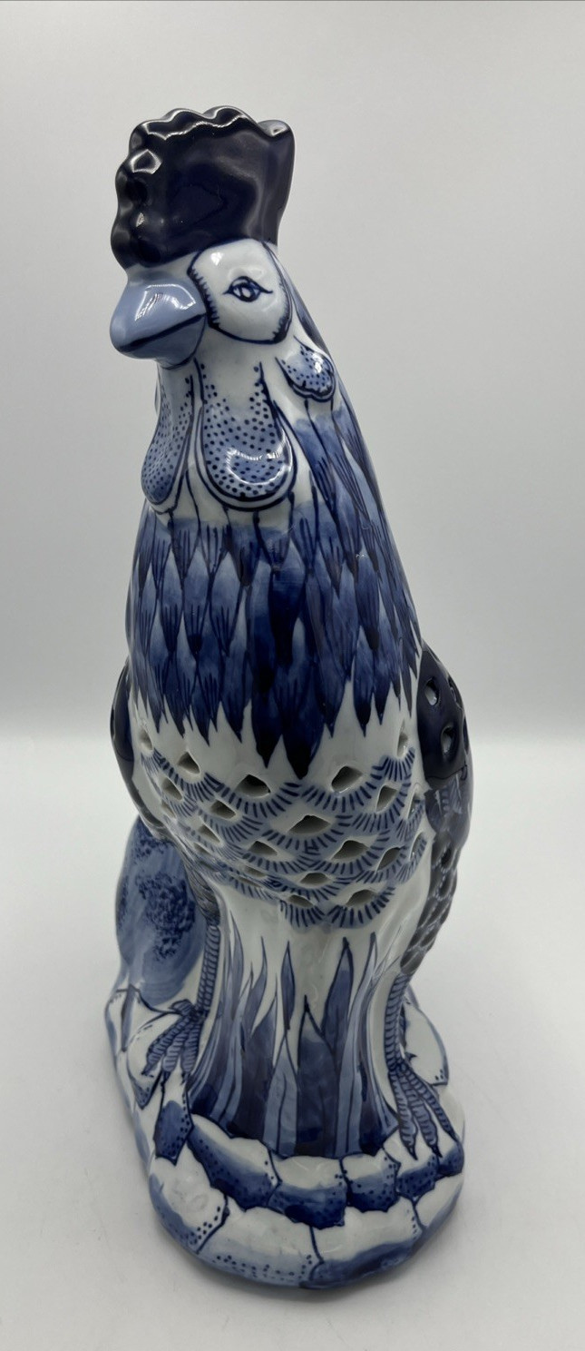 Ceramic Blue And White Chinoiserie Pierced Rooster Bird 15" High