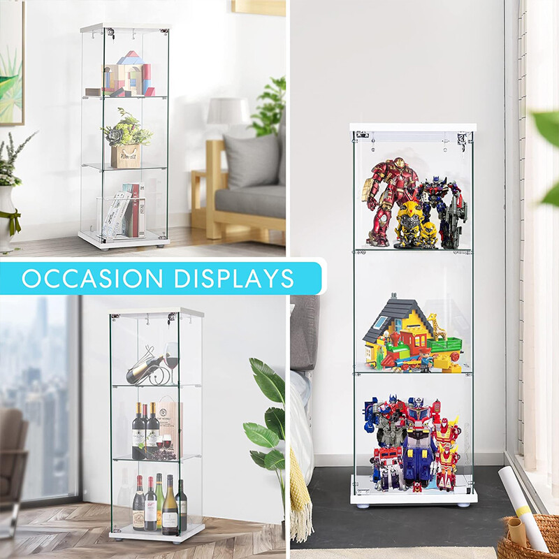 3/4-Shelf Glass Display Cabinet Glass Curio Cabinet Trophy Case Bookshelf & Lock