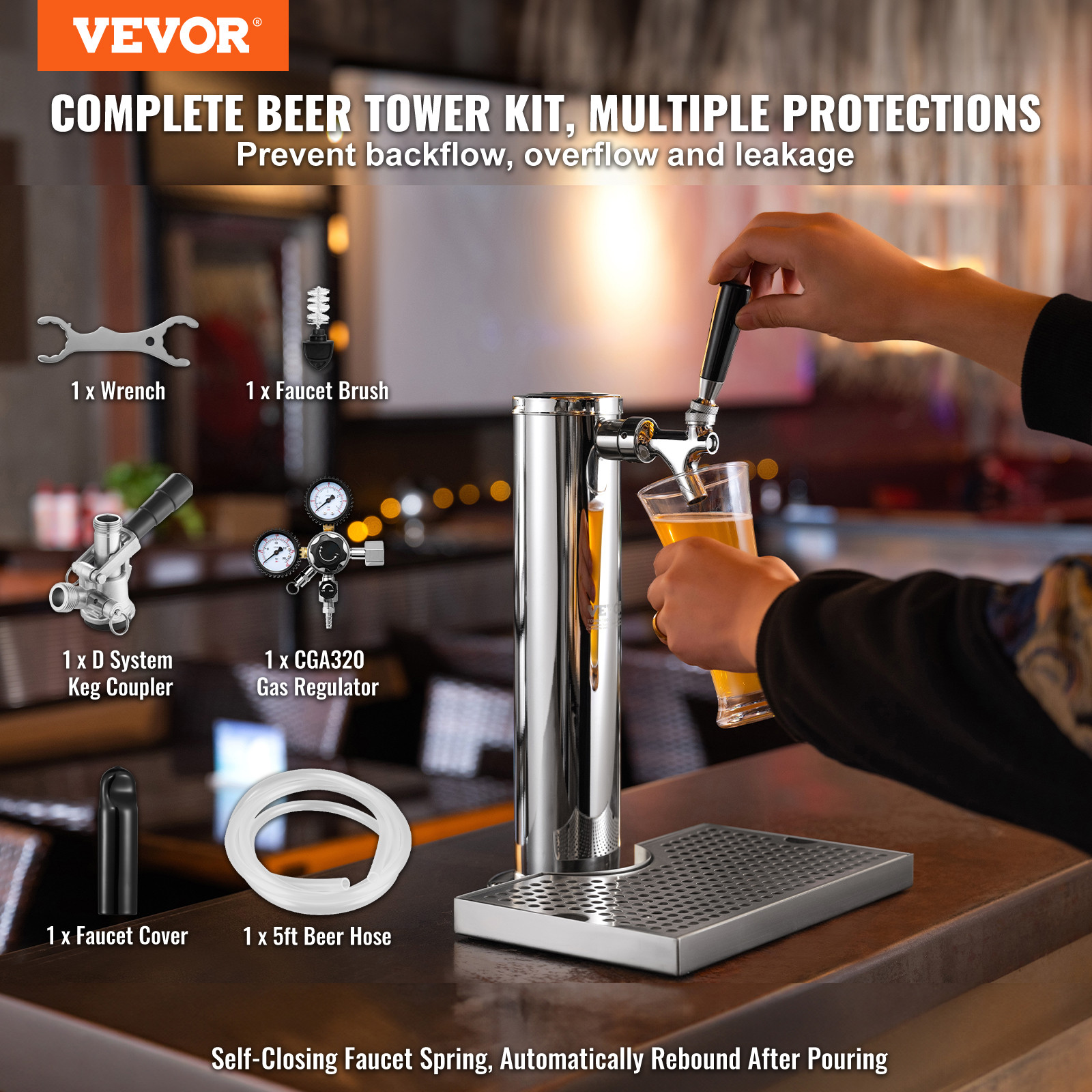 VEVOR Kegerator Tower Kit Single Tap Beer Conversion Kit with Beer Drip Tray