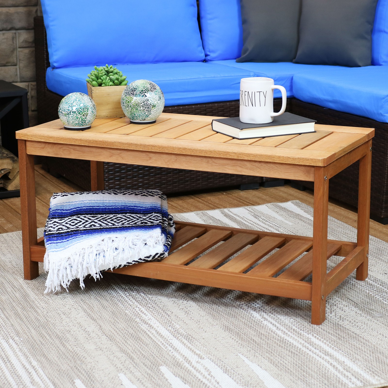 35.25 in Meranti Wood Rectangular Patio Coffee Table with Shelf by Sunnydaze