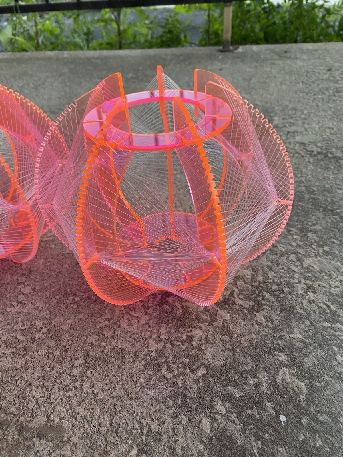 2 x Paul Secon Lucite Perspex & Nylon Thread String Ceiling Lampshade Ball Form